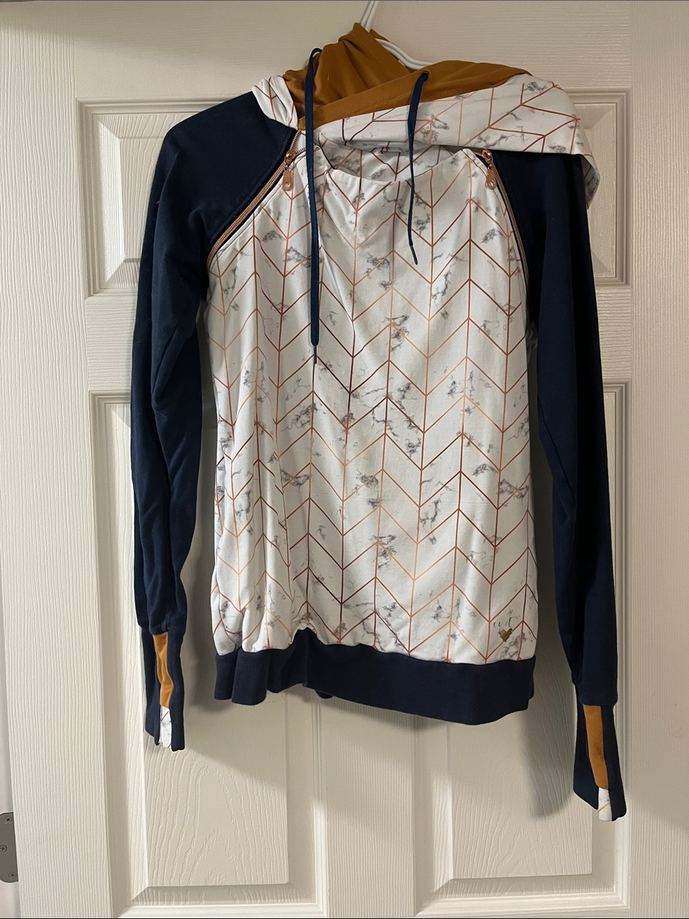 Women’s Hooded Pullover Sweater - Navy, White & Mustard